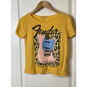Fender Yellow Guitar Funky Crop Raw Hems Festival SS T-Shirt Size X-Small